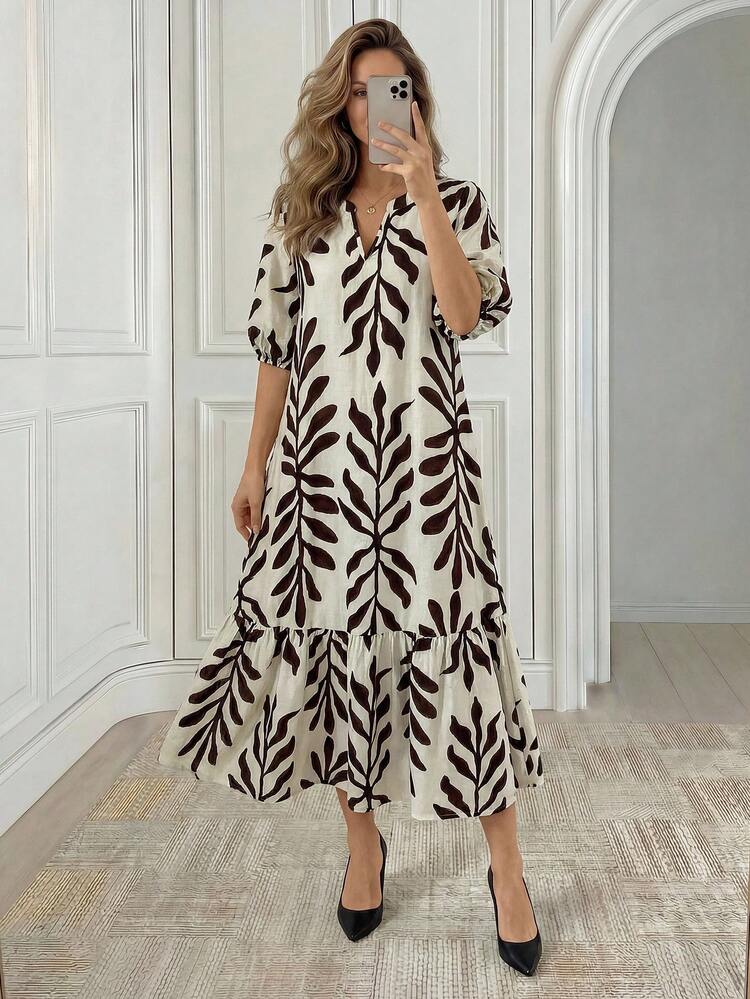 Women's V-Neck Brushed Print Casual Elegant Modest Dress, Purple Floral Color, Spring/Summer, Midi Length Short Sleeve Dress, Suitable For Daily Wear, Holiday, Teacher Outfit, Mother's Day Gift,Going Out Outfits
