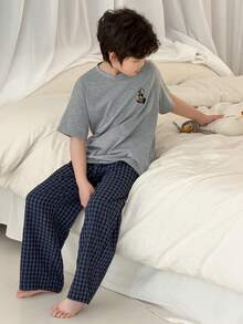 Dazy Kids Tween Boy Bear Embroidery Drop Shoulder Tee & Plaid Pants PJ Set Summer - Grey - View 4