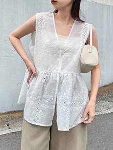 FRIFUL Women's V-Neck Textured Loose Fit Vest Sleeveless Regular Jacket Summer - White - View 2