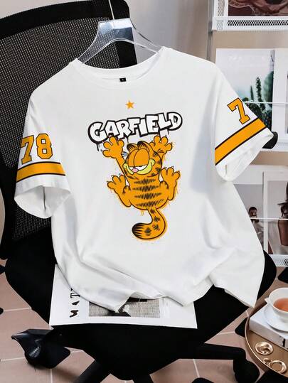 GARFIELD | SHEIN เสื้อยืดแขนสั้นคอกลมพิมพ์ลายแมวและตัวอักษรลำลองสำหรับผู้หญิง, ฤดูร้อน