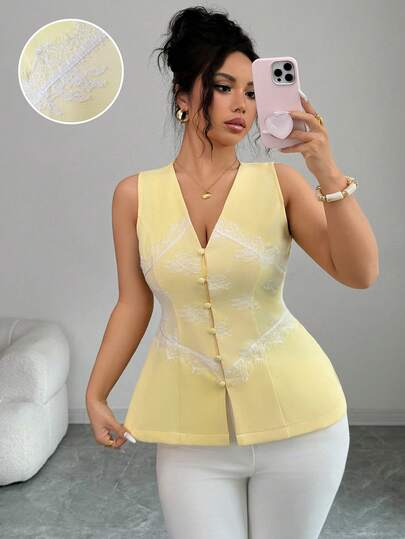 Elenzga Plus Size Women's Spring/Summer French Romantic Sicily Elegant Casual Commute Vacation Afternoon Tea Party Solid Color V-Neck Open Front Button-Down Waist Contrast Lace Trim Fitted Sleeveless Blouse