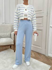 Striped Pattern Drop Shoulder Cardigan & Knit Pants - Baby Blue - View 1