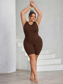 SHEIN CURVE+ 大码女士无缝塑身衣，胸部和臀部提拉 - 腹部、腰部和大腿塑形连体衣，曲线加大码，Hoho Vacation沙滩装/沙滩裙/沙滩度假装/沙滩必备/毕业典礼/下午茶派对礼服 - 棕色 - 查看 9