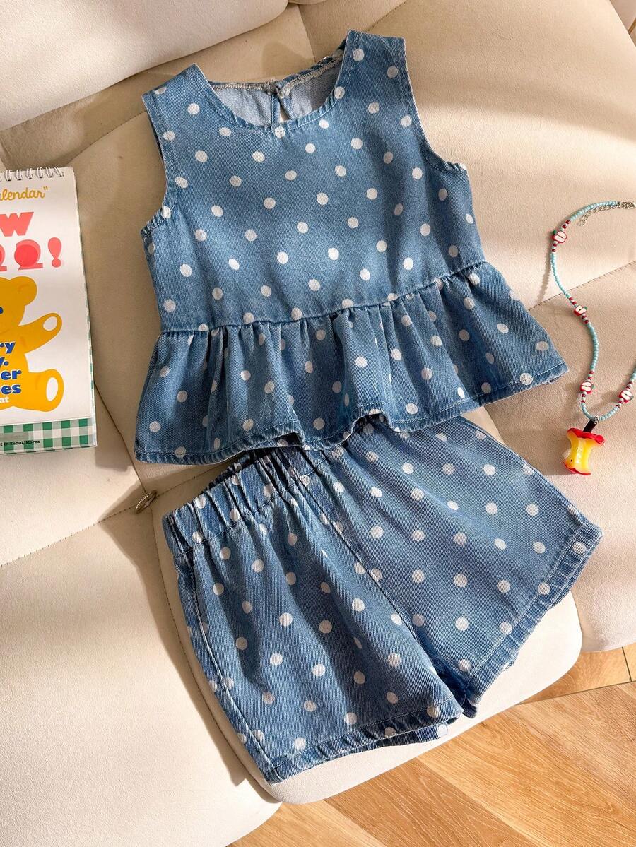Genkimix Kids 女童牛仔套装，夏季新款休闲时尚简约百搭浅蓝色水洗波点印花棉质柔软牛仔面料，清新甜美可爱风格，适合度假、上学、音乐节、派对等各种场合，夏季必备女童牛仔两件套：短裤和无袖连衣裙上衣 - 藍色 - 查看 1