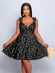 SOLERSUN Plus-Size Women Black And White Polka Dot Mini Dress,Summer 70's Elegant V-Neck Ruffled Multi-Layered Hem Loose Casual Party Vacation Sun Dress - Black - View 3