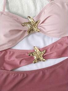SHEIN Tween Girl Pink Color Metal Starfish Deco Halter One-Piece Swimsuit,Summer Vacation Beach Wear,Swimwear,For&Holiday Outfit - Pink - View 4