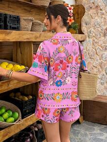 Louniche Pink Floral Summer Boho Beach Vacation Holiday White Two Pieces Set,Colorful Floral Prints Short-Sleeve Blazer & Shorts,Gold Button Accents,Holiday - Multicolor - View 2