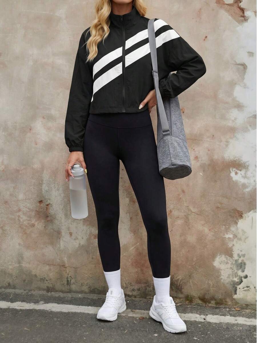EMERY ROSE Colorblock Zip-Up Sports Jacket With Drawstring Hem, Spring/Autumn - Multicolor - View 1