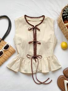 Blusa de rayas y estampado sin mangas para uso diario sencilla, tops sin mangas - Caqui - Ver 3