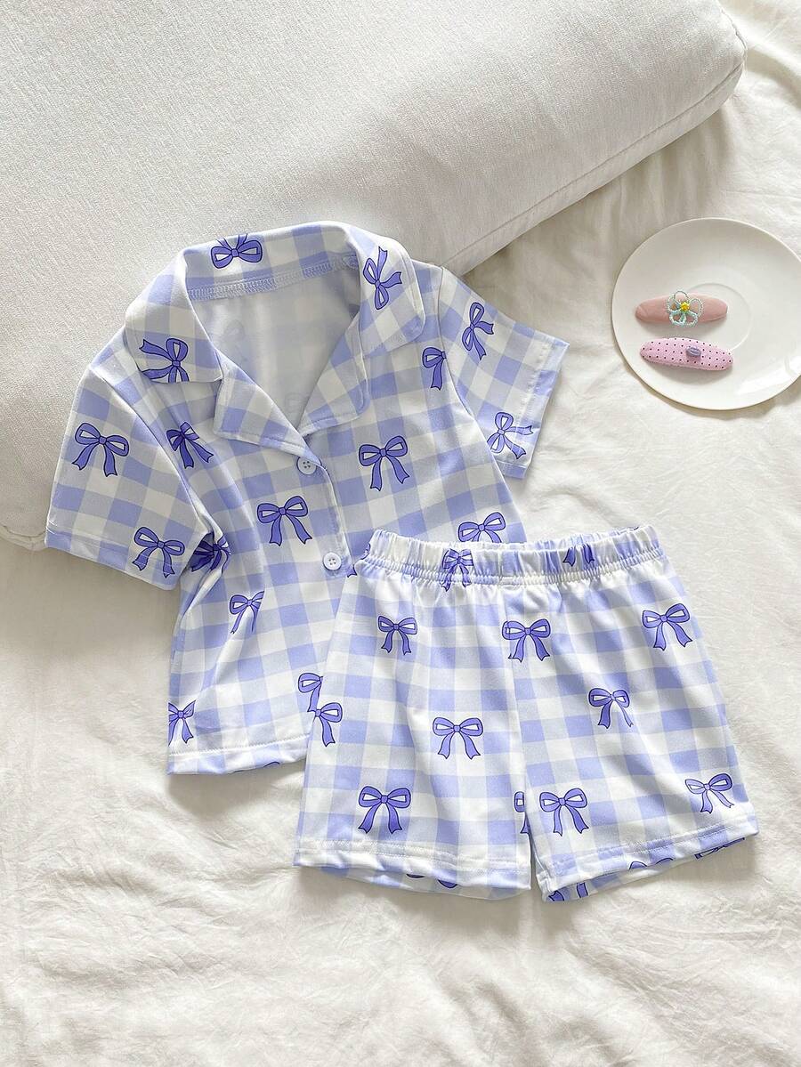 2件套女婴可爱格子蝴蝶结印花短袖开衫上衣和短裤舒适休闲套装，夏季 - 淡紫色 - 查看 1