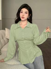 Modelyn Áo sơ mi nữ dài tay màu trơn có dây rút, kiểu dáng thời trang. - màu xanh lá - Xem 3