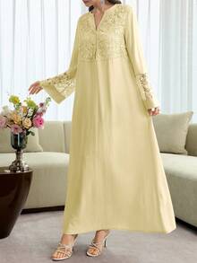 Al Najma V-Neck Flare Sleeve Patchwork Embroidered Floral Trim Robe, Spring/Summer - Yellow - View 5