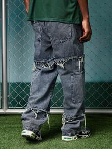 EVRINFINITE Quần jeans nam phong cách Grunge Goth Y2K, kiểu dáng thường ngày, có tua rua, dành cho giới trẻ, sinh viên, thể thao, dáng suông, đa năng. - Màu xanh lam - Xem 3