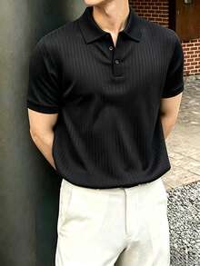 JOLTRO 男士休閒純色半鈕扣短袖 Polo 衫，商務辦公工作黑色夏季正裝 - 黑色 - 查看 3