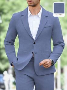Manfinity Mode 男士簡約純色灰藍色西裝套裝 2 件組 亞麻面料 商務休閒 夏季婚禮穿搭 上衣與長褲 適合辦公室 贈送丈夫 儀式場合 - 霧霾藍 - 查看 4