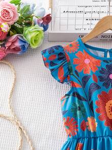 SHEIN 少女夏季度假碎花荷叶边连衣裙 - 藍色 - 查看 5