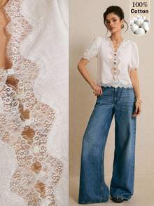 Poéselle Women's White 100% Cotton Blouse,Elegant Scalloped V-Neck Lace-Trim Puff-Sleeve Cottagecore Top,Vintage Summer Eyelet Shirt For Tea Party,Beach Outfit - White - View 2