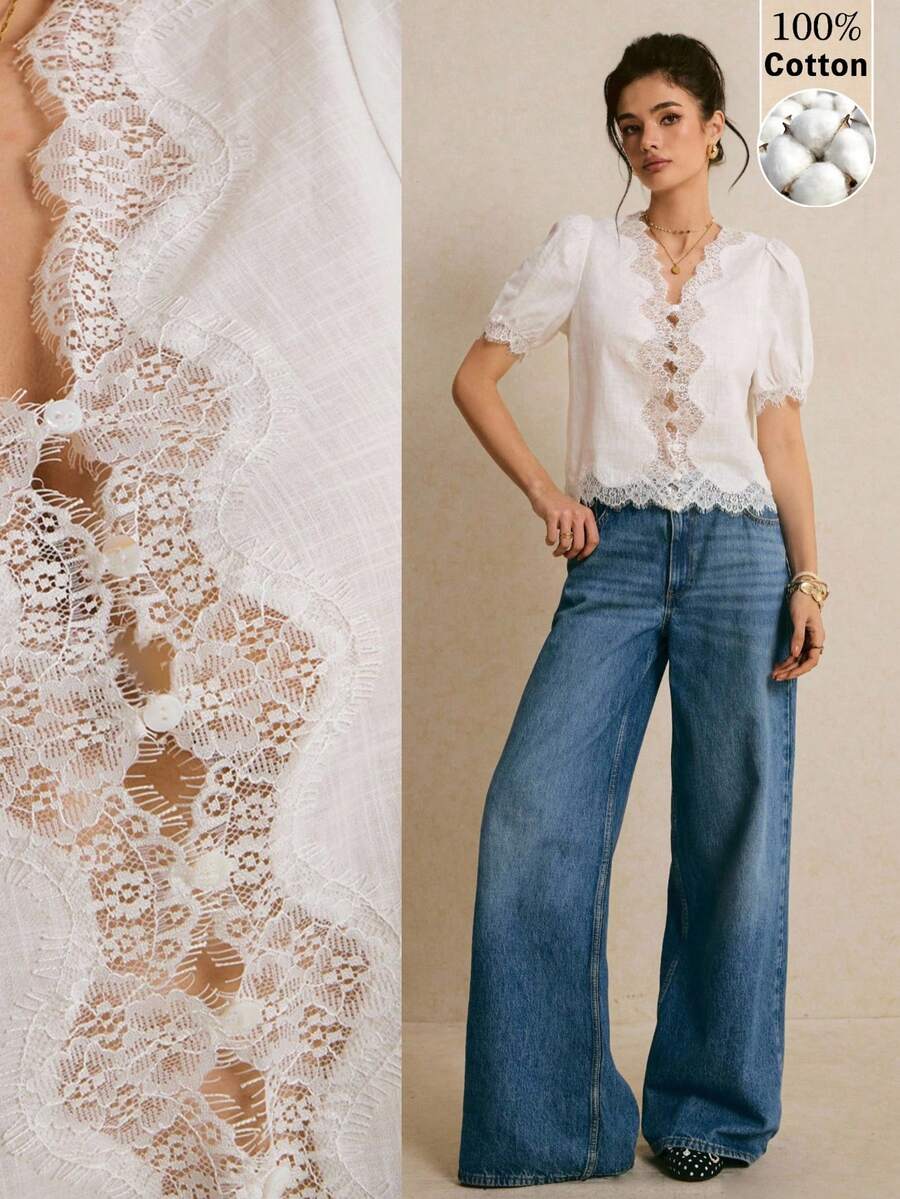 Poéselle Women's White 100% Cotton Blouse,Elegant Scalloped V-Neck Lace-Trim Puff-Sleeve Cottagecore Top,Vintage Summer Eyelet Shirt For Tea Party,Beach Outfit