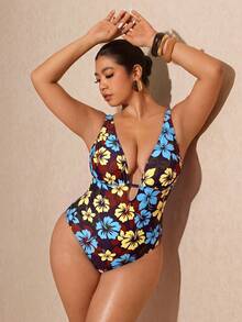 Elaquor Traje de baño de una pieza con escote en V profundo y estampado floral para mujer de talla grande - Multicolor - Ver 3