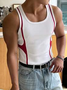 DAZY Red & White Splice Color Block Sporty Fitted Men's Tank Top - Multicolor - View 4
