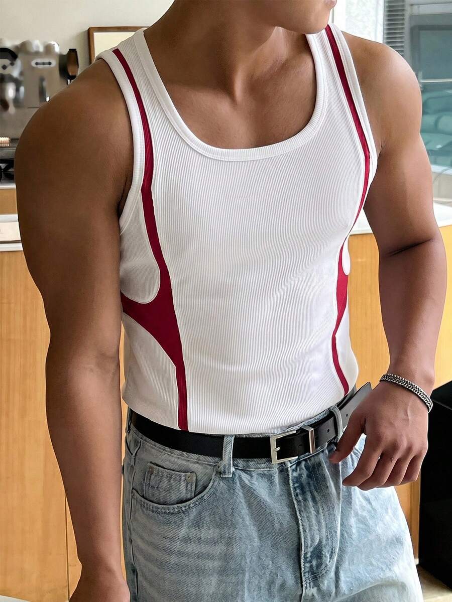 DAZY Camiseta de tirantes ajustada de estilo deportivo con bloques de color rojo y blanco para hombre - Multicolor - Ver 1