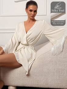 Livesso Women Tassel Cuff Robe & Shorts Sleepwear Set - White - View 1