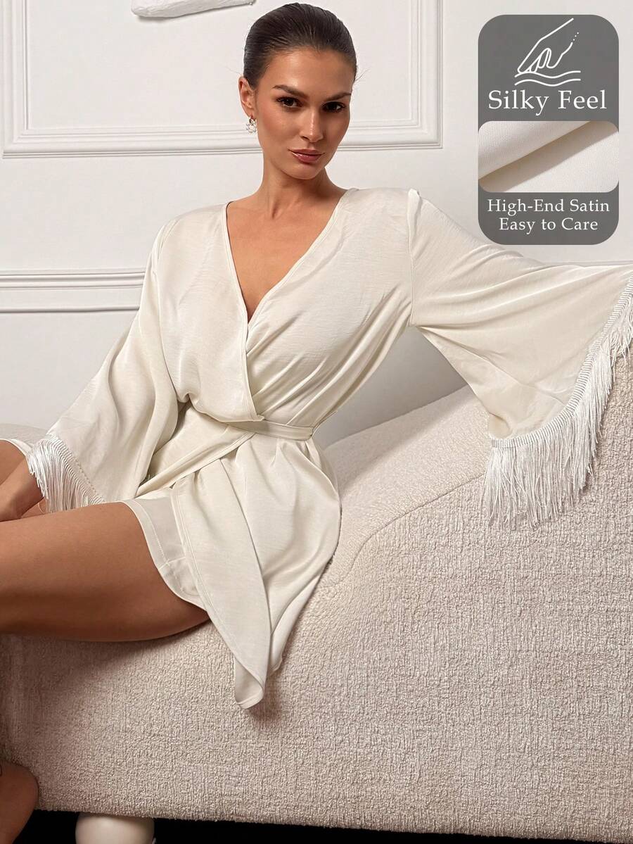 Livesso Women Tassel Cuff Robe & Shorts Sleepwear Set - White - View 1