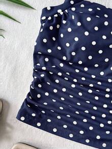 SHEIN Tween Girl/Tween Girls' Vacation Knit Polka Dot Print Halter Ruched Waist Fitted Fashionable Camisole, Suitable For Spring/Summer Seasons, Party, Afternoon Tea, Carnival, Beach, Cruise - Navy Blue - View 4