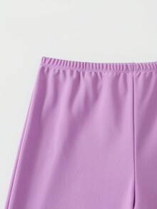 SHEIN Teen Girls Tankini Bikini Set,Pink,Summer,Beach,Holiday,Holiday,Lavender Purple Tropical Floral Leaf Raglan Sleeve Crew Neck Front Zipper Shorts 2pcs - Purple - View 5