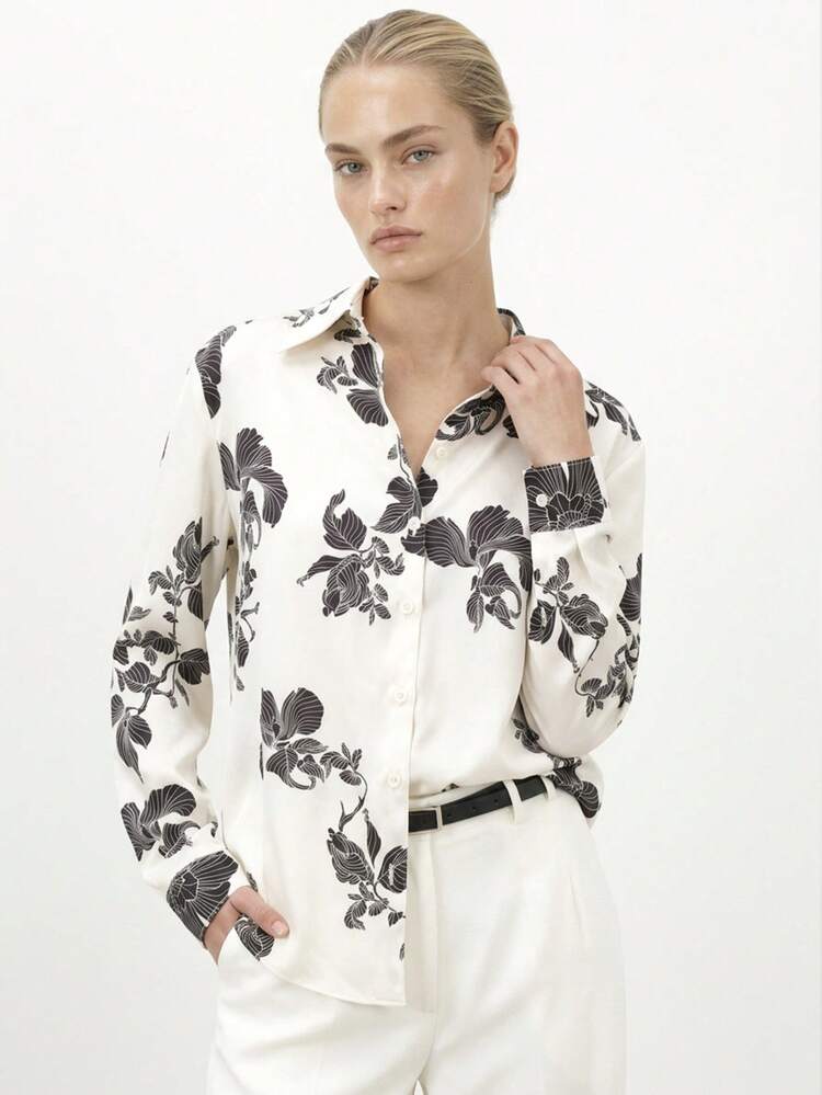 KSTM 여성 오버사이즈 플로럴 프린트 버튼 다운 셔츠 긴팔 칼라 블라우스 봄 여름 캐주얼 오피스 워크웨어 상의