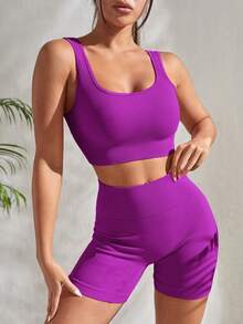 EMERY ROSE 2pcs Seamless Yoga Set Sports Suit Ribbed Knit Tank Wide Waistband Tummy Control Shorts Workout Women Set Gym Women Outfit - Purple - View 3
