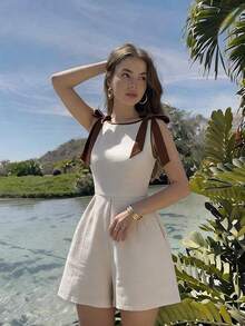 Skyraze Bộ áo liền quần không tay phối màu tương phản dành cho nữ, có nơ trang trí - Màu Khaki - Xem 4