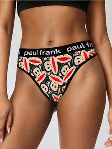 Paul Frank X SHEIN 女士舒适字母编织带猴子印花丁字裤，夏季 - 黑色 - 查看 6