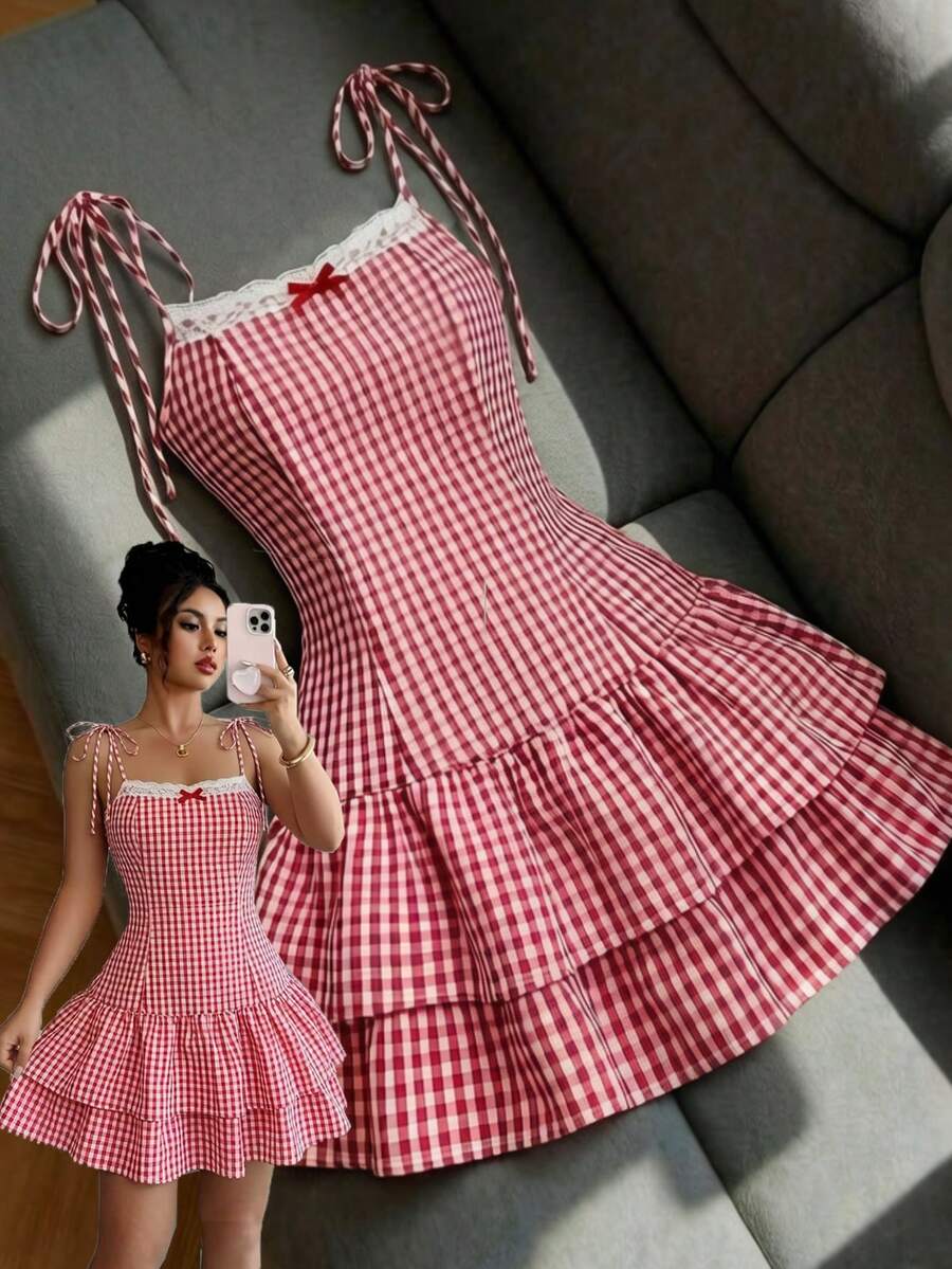Bestselling Red & White Plaid Strap Tie Bow Lace Trim Waist Ruffle Hem Casual Mini Dress For Women