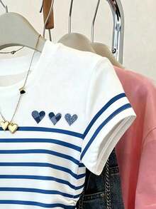 Tween Girls' Striped Heart Print Loose Fit Round Neck Short Sleeve T-Shirt - Multicolor - View 5
