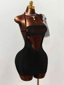 Women's Solid Color Halter Tie Backless Hollow Out Sexy Party Mini Dress - Black - View 5