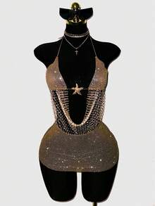 EgrlEra Women's Sexy Rhinestone Fishnet Backless Halter Mini Dress For Party - Champagne - View 4