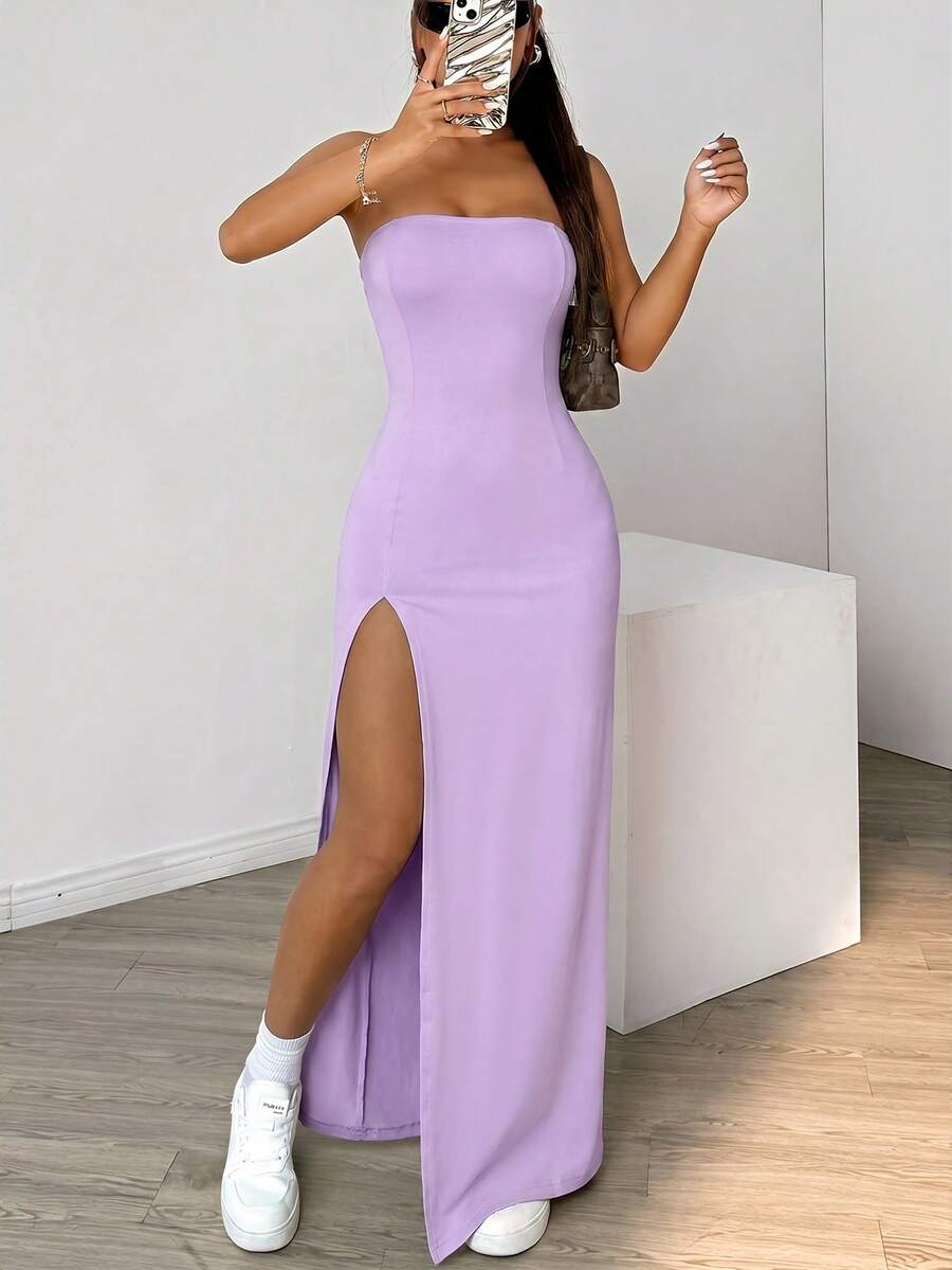 SHEIN EZwear 女款薰衣草色前開衩夏季洋裝 春季服飾 約會之夜 外出穿著 性感優雅 - 紫色 - 查看 1