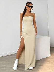 SHEIN EZwear 女士卡其色开衩夏季连衣裙，春季夏季连衣裙 - 卡其色 - 查看 5