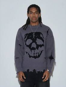 Modcrash ANDREILEE Men Skull Graphic Distressed Fringes Crew Neck Casual Sweater, Emo, For Halloween , Retro American, Unisex, Relaxed Fit Summer Outfits – Suitable For Everyday Wear And Summer Holiday Outfits. - Grey - View 5