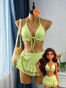 Bellisia Bộ bikini tam giác và váy đi biển bằng vải ren màu mơ ngọt ngào dành cho nữ, thích hợp cho kỳ nghỉ hè. - màu xanh lá - Xem 3