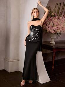 MOTF Soiréza ELEGANT BLACK STRAPLESS MERMAID EVENING DRESS WITH BEADED FLOWER DECOR & SCARF SPRING SUMMER OUTFITS FOR WEDDING GUEST, EVENING PARTY, FORMAL - Black - View 7