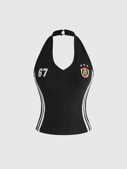 ROMWE Grunge Punk Áo tank top nữ ôm sát, kiểu dáng thể thao, thêu huy hiệu World Cup, phối màu tương phản.