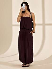 SHEIN PETITE 2件套/组 2026春夏新款褶皱印花吊带背心上衣和松紧腰工装裤雪纺套装，棕色 - 棕色 - 查看 2