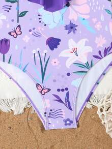 SHEIN Bộ đồ bơi tuổi teen, kiểu dáng thường ngày, họa tiết hoa tím in kỹ thuật số, một mảnh với dây đeo có thể điều chỉnh, viền bèo nhún hai lớp, thời trang và thanh lịch, thích hợp cho bơi lội, kỳ nghỉ hè, bãi biển, hồ bơi, tiệc tùng. - Nhiều màu - Xem 5