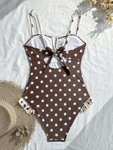 Swim Mod 2026 Spring/Summer Retro Polka Dot V-Neck Ruffle One-Piece Swimsuit, Women's Swimsuit, Polka Dot Bathing Suit - Multicolor - View 2
