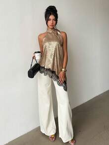 SHEIN Raffinéa Women's Bow Tie Neck Lace Patchwork Asymmetrical Hem Blouse Shirt - Gold - View 5