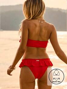 Aralina Conjunto de bikini sin tirantes con volantes, estampado floral rosa, para vacaciones de verano en la playa, con bolsa de natación - Rojo - Ver 2