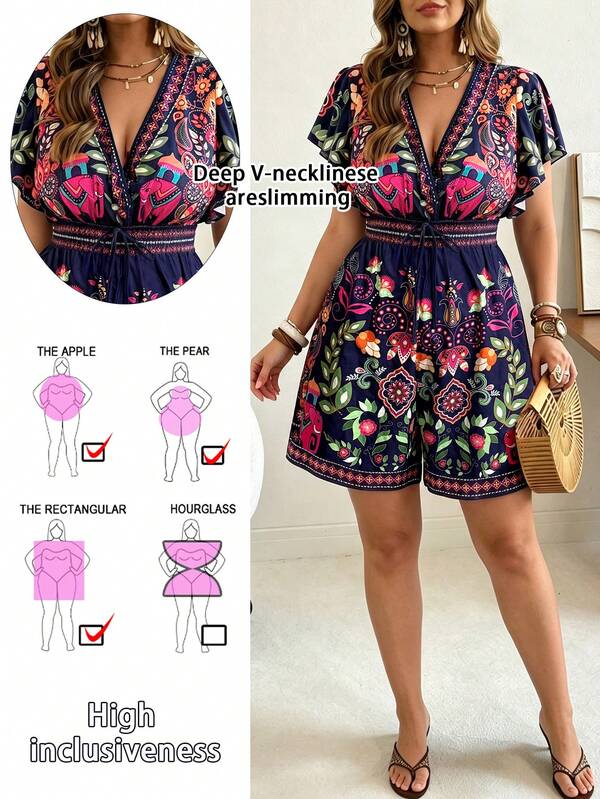 Ceyna Bộ áo liền quần in họa tiết phong cách Bohemian mùa hè mới dành cho nữ cỡ lớn, áo liền quần thường ngày đi nghỉ mát với họa tiết hoa, tay áo và eo xòe, áo liền quần ngắn in hoa, áo liền quần ôm sát có túi.