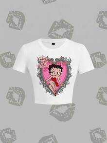 Betty Boop x SHEIN Áo thun nữ dáng ngắn ôm sát, in hình hoạt hình, thích hợp mặc mùa hè. - trắng - Xem 1